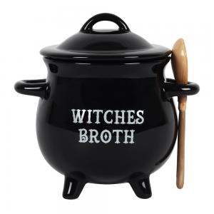 Image of Witches Broth Cauldron Soup Bowl with Broom Spoon